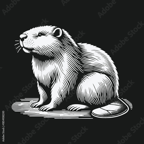 Vintage woodcut style beaver illustration on a dark background.