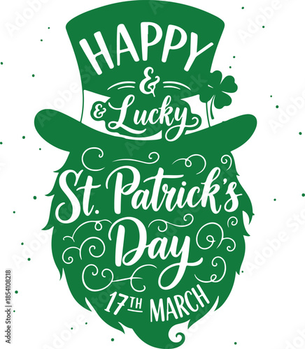 Happy & lucky st. patrick's day design with green top hat and festive beard lettering