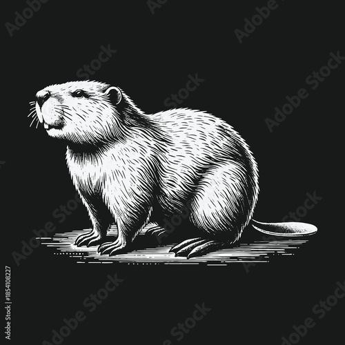 Detailed black and white woodcut style illustration of a beaver.