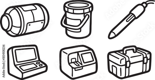 Six black and white of equipment and tools