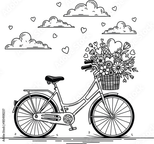 Whimsical Bicycle with Flowers and Clouds Illustration