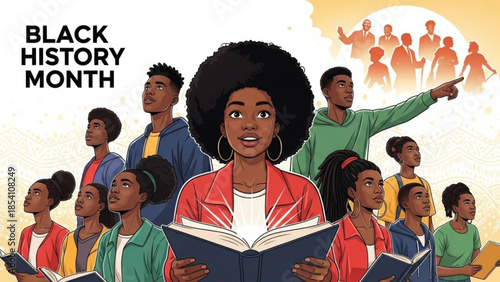 Black history month celebration with diverse group of young people reading books and looking up