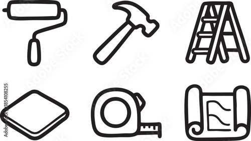 Six black and white hand drawn of construction tools and plans isolated