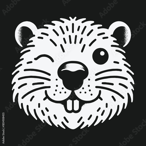 Happy winking beaver face black and white graphic illustration.