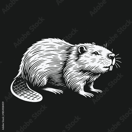 Detailed beaver illustration in a vintage woodcut style.