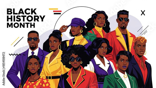 Diverse group of black people celebrating black history month with colorful outfits