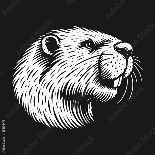 Vintage monochrome beaver head illustration in woodcut style.