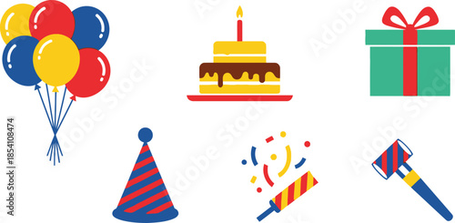 Minimalist flat vector set of 6 party elements balloons birthday cake gift box party hat confetti and noisemaker