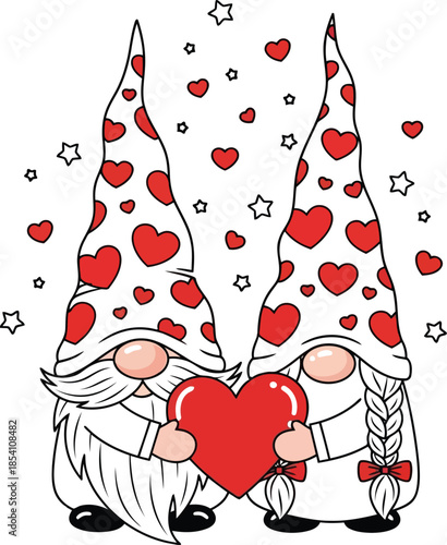 Cute Valentine Gnomes Holding Heart, Romantic Illustration