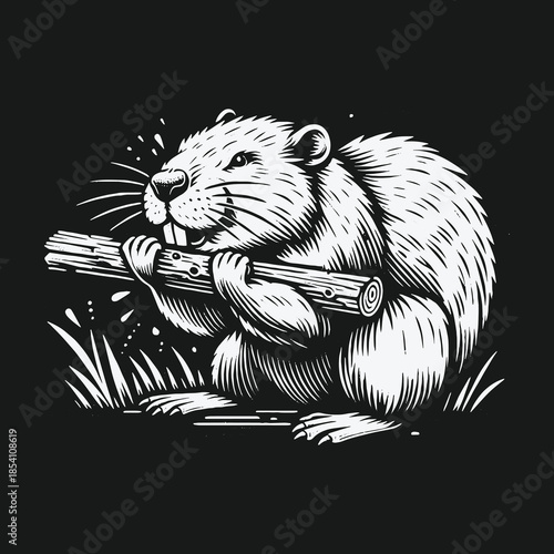 Black and white vector illustration of a beaver gnawing on a log.