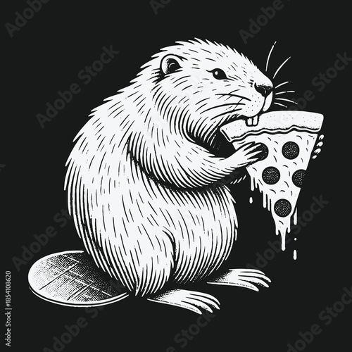 Funny Beaver Eating a Slice of Pepperoni Pizza Illustration.