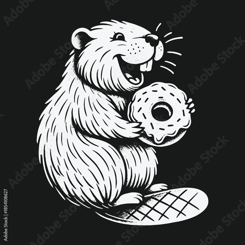 Happy cartoon beaver character holding a delicious donut illustration.