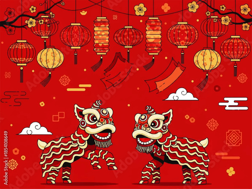 Chinese Lion Dance Pair Performing Under Lanterns for Festive Lunar New Year Background