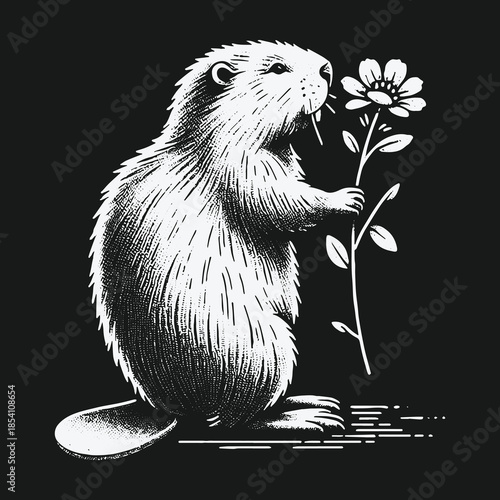 Charming Beaver Smelling a Flower Black and White Illustration.