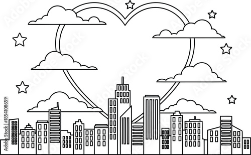 City Skyline Love Illustration with Clouds and Stars