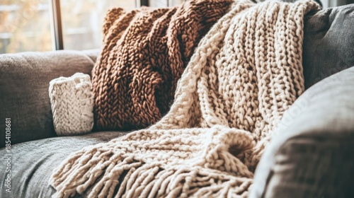 Cozy knitted throws and pillows on sofa home decor and comfort