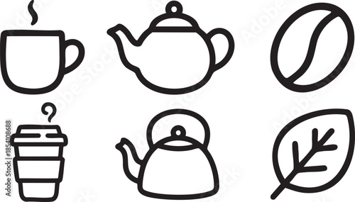 Six black line of hot beverages coffee tea and related teapot