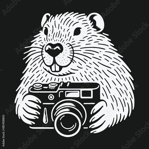 Cute groundhog photographer holding a vintage camera illustration.