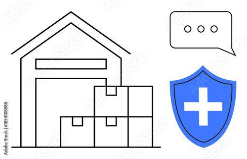 Warehouse supply chain, logistics, inventory management, digital communication, data security, storage. Warehouse with boxes, speech bubble and shield with cross. Supply chain and communication