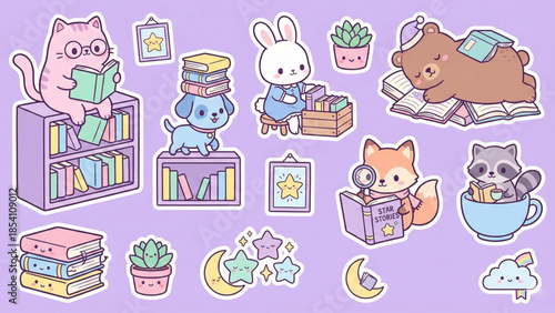 Charming illustrations of cute animals reading books, surrounded by whimsical bookshelves and literary details, celebrating the joy of knowledge and imagination