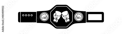 A monochrome vector-style championship belt features a central octagonal plate with two boxing gloves, flanked by circular side panels displaying clenched fists