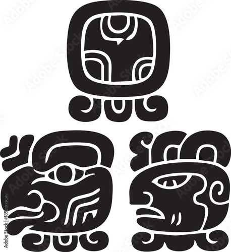 Three black glyphs of Mayan hieroglyphs on white background symbol ancient