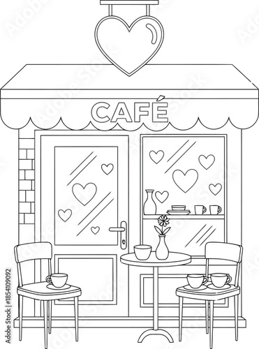 Charming Café Exterior with Heart Decor and Outdoor Seating