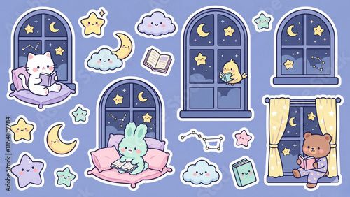 Cute nocturnal animals reading books by the window under a starry sky with moon and clouds, charming kawaii sticker set