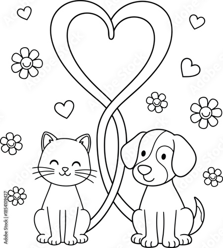 Adorable Cats and Dogs Heart Coloring Page for Kids