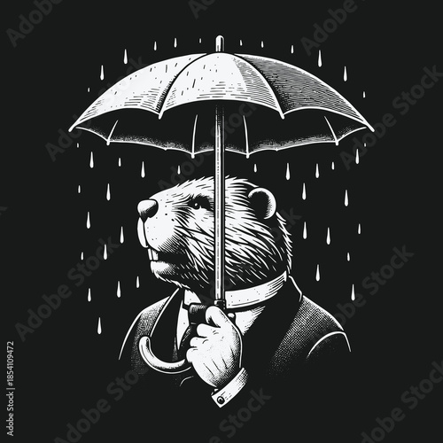 Dapper Groundhog in a Suit Holding an Umbrella in the Rain.
