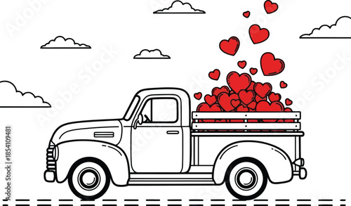 Vintage Truck Carrying Red Hearts for Romantic Celebrations