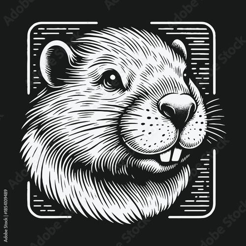 Vintage beaver head illustration in a black and white engraving style.