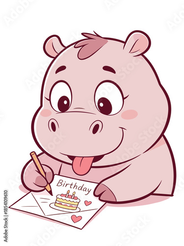 Cute Pink Hippo Writing a Happy Birthday Card with a Small Cake and Hearts Illustration for Greeting Cards and Invitations