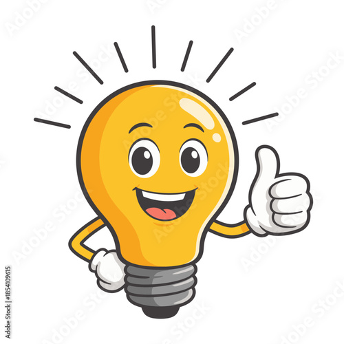 Happy Light Bulb Character with Thumbs Up Gesture Symbolizing Creative Idea Inspiration and Innovation Concept for Education