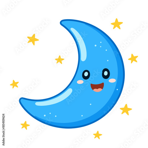 Smiling Blue Crescent Moon Character with Small Stars and Cheeks for Baby Room Decor and Good Night Sleep Concept