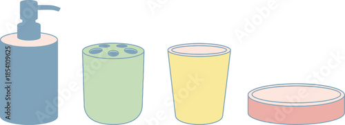 Set of 4 bathroom accessories flat vector illustration including a soap dispenser toothbrush holder tumbler and soap dish