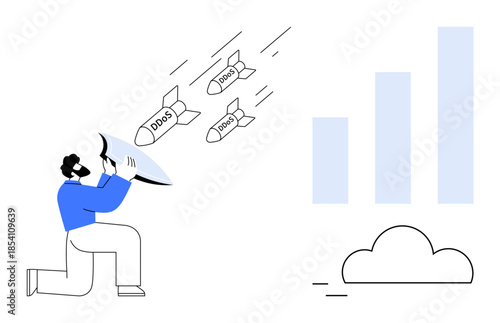 DDoS attack concept. DDoS threats as missiles blocked by shield for cloud and data protection. DDoS emphasizing cybersecurity challenges. Utilized for IT, cloud security, risk management, cyber