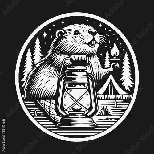 Cute beaver mascot holding a vintage lantern at a forest campsite.