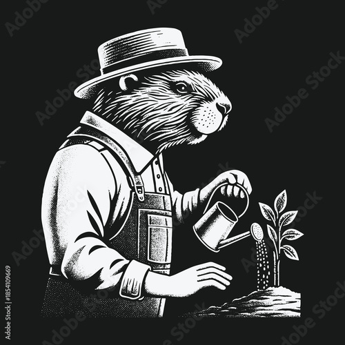 Anthropomorphic Beaver Gardener in a Hat Watering a Small Sapling Plant.
