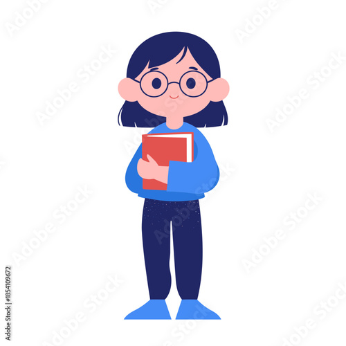 Cute Young Student Girl with Glasses Holding a Red Book for Back to School Education and Learning Lifestyle Concept