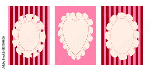 Set of decorative frames with ruffled placemats on striped backgrounds. Vector flat illustration. Romantic holiday greeting card templates
