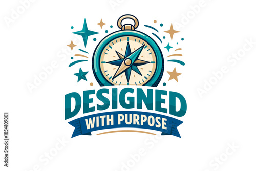 Compass with the phrase 'designed with purpose' and stars surrounding