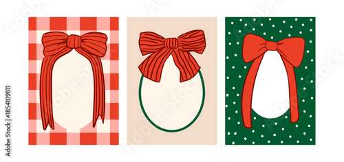 Set of various bow frames. Vector hand drawn illustrations. Holiday christmas greeting cards with various ribbons