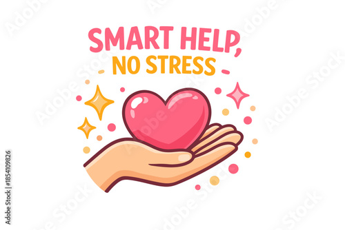 Cartoon hand holding heart with positive message on stress relief and support