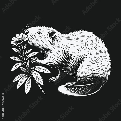 Black and white linocut illustration of a beaver smelling a flower.
