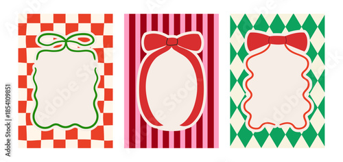 Set of decorative greeting cards with ribbon bow frames on striped and checkered backgrounds. Vector flat illustrations for posters, holiday cards, invitations, etc.