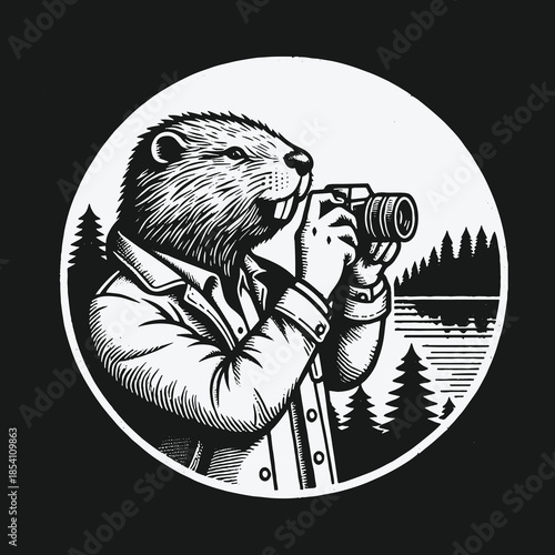 Vintage black and white illustration of a beaver photographer.