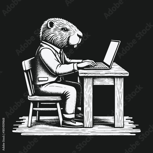 Monochrome illustration of an anthropomorphic beaver in a suit working on a laptop.