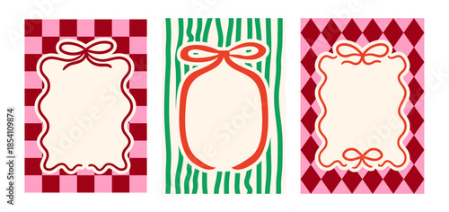 Set of decorative greeting cards with ribbon bow frames on striped and checkered backgrounds. Vector flat illustrations for posters, holiday cards, invitations, etc.