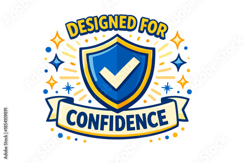 Shield emblem with checkmark and confidence banner with decorative stars